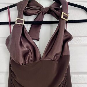 Elegant Chocolate Brown Halter Dress with Bow Detail